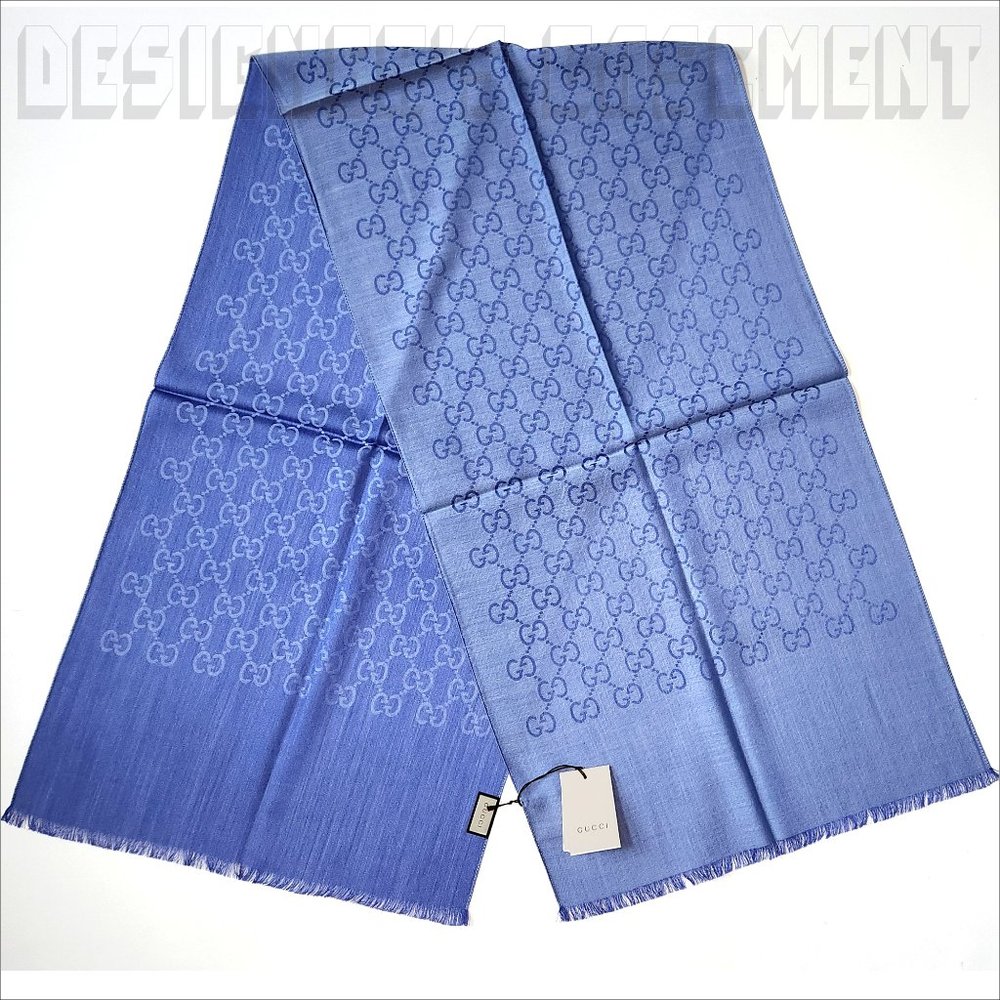 GUCCI Blue & Periwinkle GGNAT wool & silk 18"x70" shawl Pashmina scarf NWT - Picture 9 of 10